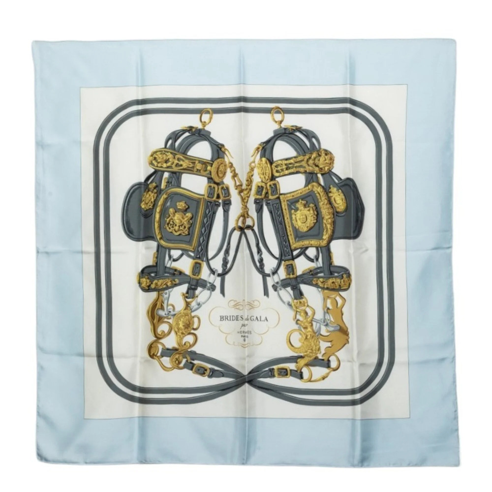 Hermes Carre 90 Brides de Gala Scarf/Muffler, Light Blue and White Silk, Wome...